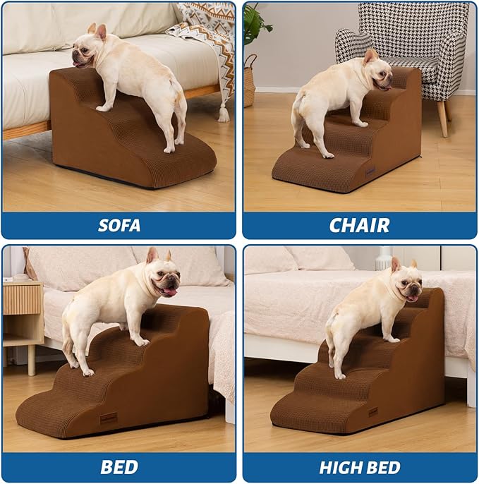 Aodisman 5-Step Dog Stairs and Ramp for High Bed,Non-Slip Sturdy Pet Steps for Small Dogs and Cats,22.2" H,Brown
