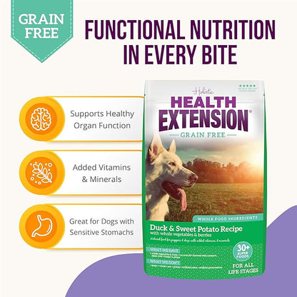 Health Extension Grain Free Duck & Sweet Potato Dry Dog Food - 30+ Superfoods and Probiotics for All Life Stages (4 lb)