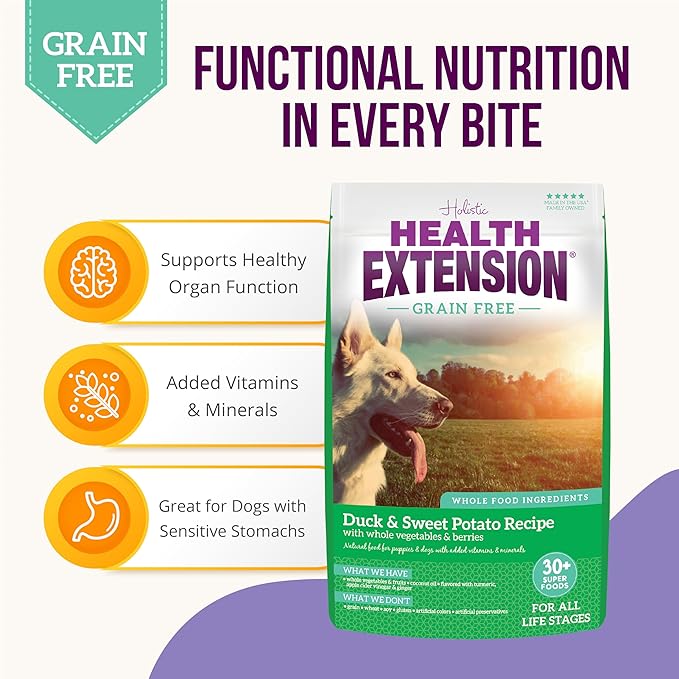 Health Extension Grain Free Duck & Sweet Potato Dry Dog Food - 30+ Superfoods and Probiotics for All Life Stages (10 lb)