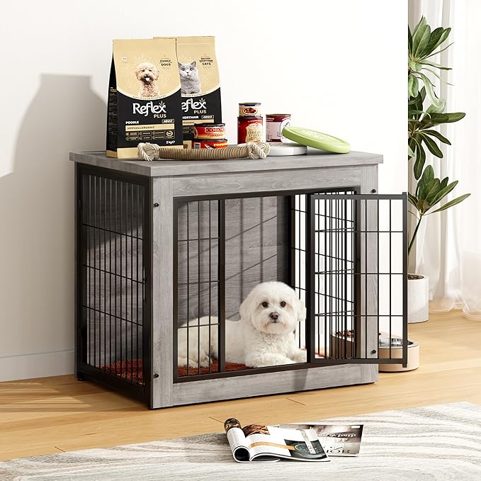 Greesum Modern Dog Crate Furniture That Doubles as a Side Table - Sturdy Wooden Kennel with Double Door Design, Equipped with Soft Cushion & Chew-Resistant Resign, Suitable for Dogs
