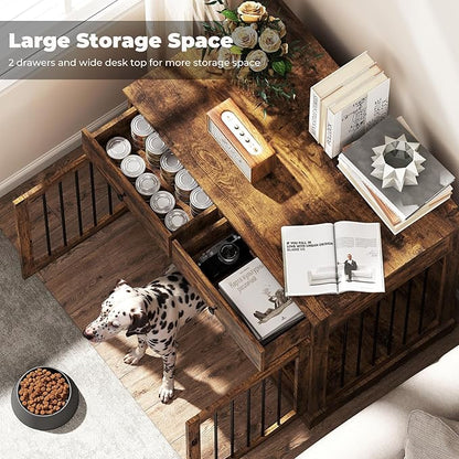 Dog Crate Furniture, Wooden Dog Kennel Furniture, Heavy-Duty Dog Crate End Table with Storage Drawers, Double Doors Decorative Pet Cage House Indoor for Small Medium Dog, 40Inch, Rustic Brown