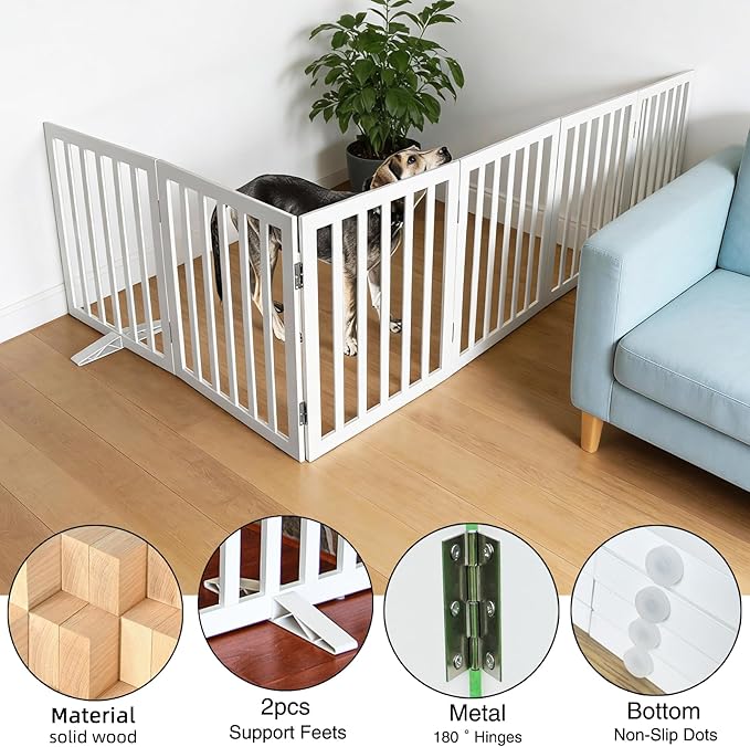 Dog Gate Indoor, Freestanding Dog Fence for The House, Doorways, Hallways,or Stairs,Pet Gate Foldable Wooden,Expandable 32" Height 6 Panels,White