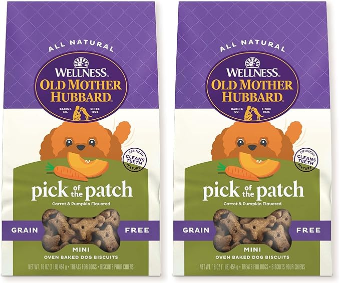 Old Mother Hubbard Wellness Pick of The Patch Dog Biscuits, Natural, Training Treats, Pumpkin & Carrot Flavor, Mini Size, (16 Ounce Bag) (Pack of 2)