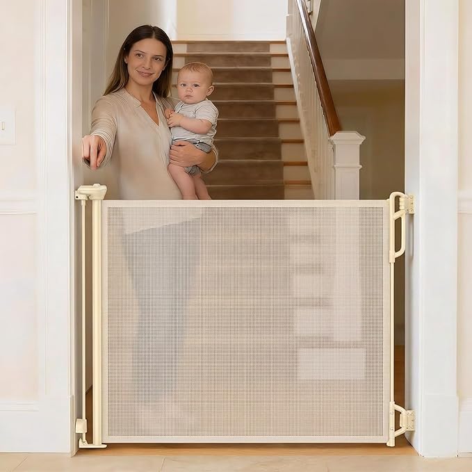 SPACEANY Retractable Safety Baby Gate or Mesh Dog Gate,Durable Portable Mesh Retractable Gate,Easy to Use for Stairs, Doorways, Hallways, Indoor, Outdoor, 33.5" Tall, Up to 45" Wide, Cream