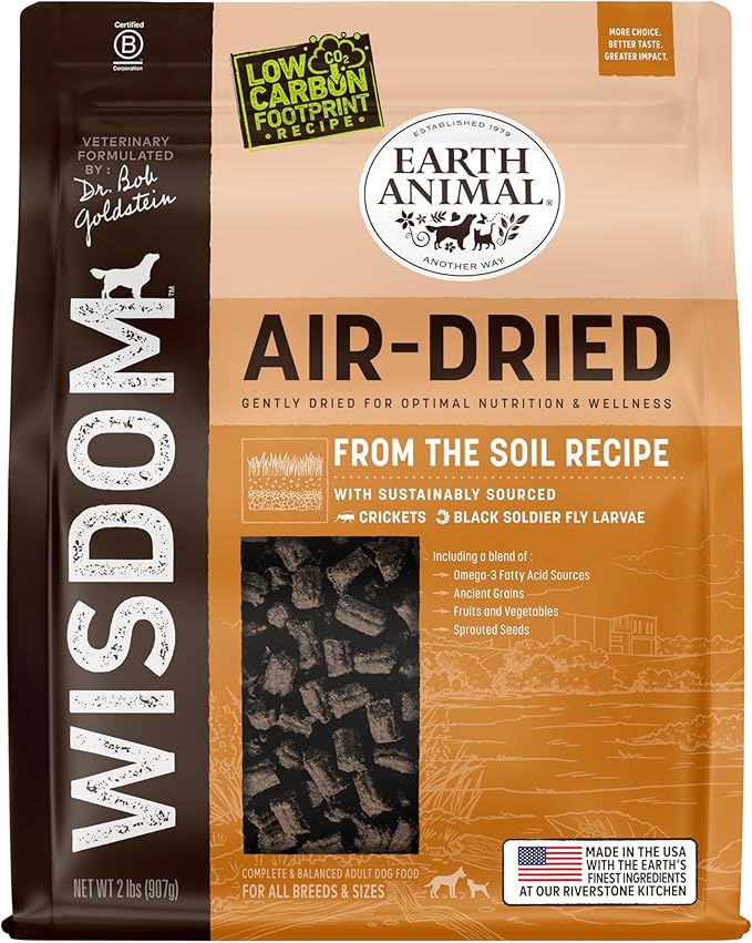 Earth Animal Wisdom Air Dried Dog Food - From the Soil Recipe Premium Natural Dry Dog Food for All Adult Breeds - 2 Lbs Bag