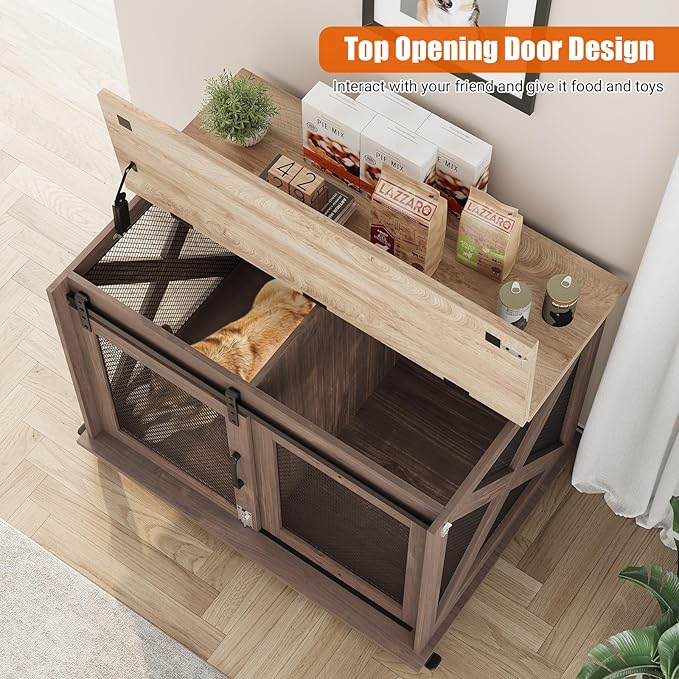 TROPOW Dog Crate Furniture,37 Inch Dog Kennel Furniture, Sliding Barn Door, Flip Top Dog Crate End Table with Removable Divider, Farmhouse Dog Cage for Small to Middle Size Dogs