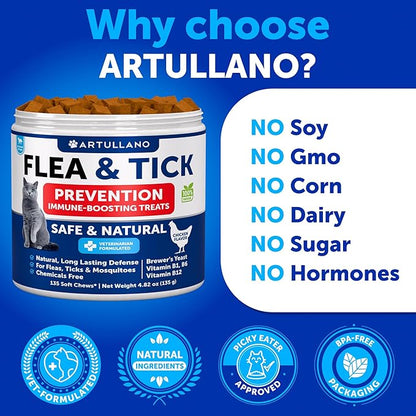 Flea Treatment for Cats - Natural Flea and Tick Prevention Supplement for Cats, Kittens - Chewable Daily Oral Pills with Vitamins - 135 Soft Chews - Dental Treats, Digestive Health, Immune Support