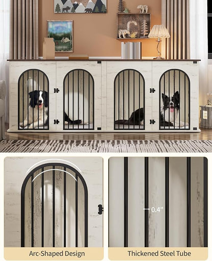 Hzuaneri 88.4" Dog Crate Furniture for 2 Dogs, Heavy Duty Indoor Dog Kennel TV Stand, XXL Wooden Dog Cage with Divider for Medium Large Dogs, End Table Dog Crate with Cushion, White Brown DFC84014BV1
