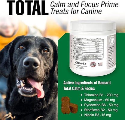 Ramard Total Calm & Focus Dog Treat Supplement - Natural Calming Chews with Magnesium & B-Vitamins - 45 Soft Chews for Canine Calmness During Training, Grooming, and Everyday Enjoyment