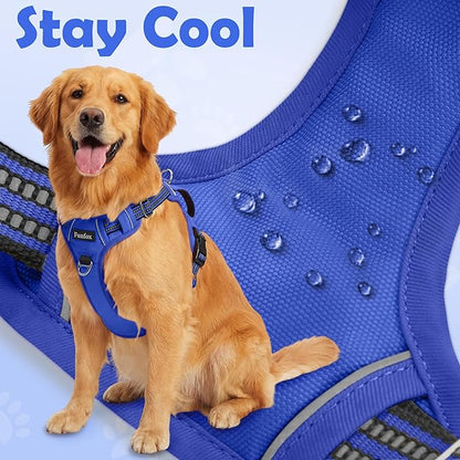 Funfox Dog Harness No Pull, Adjustable Pet Vest Harness, Super Soft Material with Vertical Handle Easy Control, Reflective Night Walking, 2 Leash Clips for Large Dogs, Blue, L