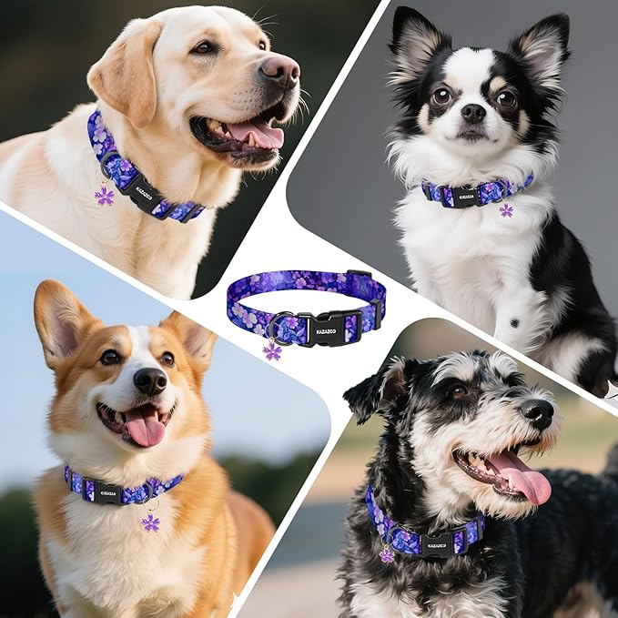 Kazazoo Dog Collar Cute and Soft Nylon Puppy Collar Girl, Adjustable Dog Collars for Medium Large Dogs, Purple Flowers-L