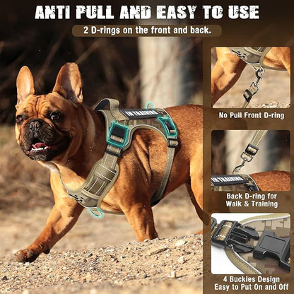 Tactical Dog Harness and Leash Set Small Sized Dog,Heavy Duty No Pull Service Dog Vest and 10 Patches with Dog Seat Belt,Reflective Adjustable Pet Harness for Training Walking Hiking Camo S