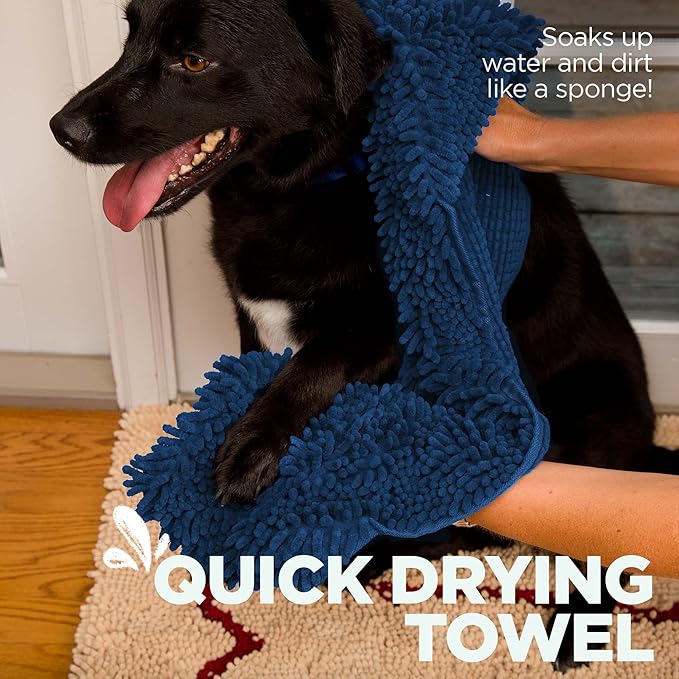 Soggy Doggy Super Shammy Dog Towel – Absorbent Microfiber Chenille Pet Towel for Drying Wet Dogs, Muddy Paws, Quick Dry Dog Shammy with Hand Pockets, Machine Washable – Navy Blue, 31” x 14”