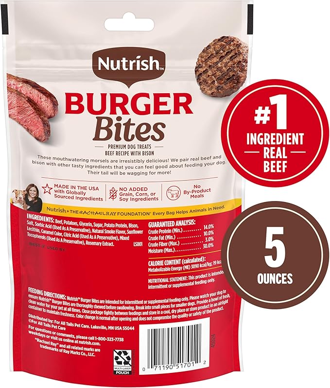 Nutrish Burger Bites Beef Recipe with Bison Premium Dog Treats, 5 oz. Pouch, Pack of 5 (Rachael Ray)
