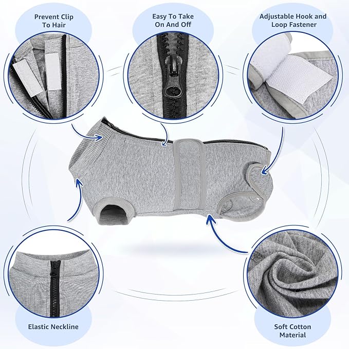 Lukovee Recovery Suit for Dogs, Zipper On Recovery Suit for Female Male Dog, Onesie Abdominal Wounds Cone E-Collar Alternative Prevent Licking Spay Recovery Suit (Large, Gy)