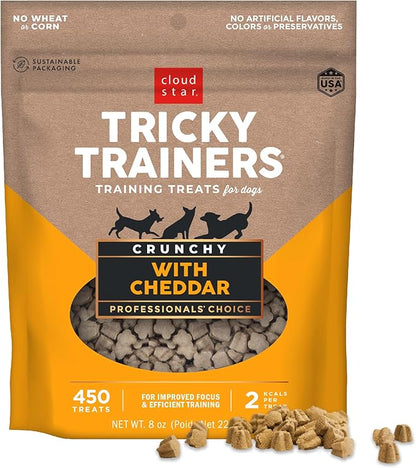 Cloud Star Tricky Trainers Crunchy Dog Training Treats 8 oz Pouch, Cheddar Flavor, Low Calorie Behavior Aid with 450 treats.