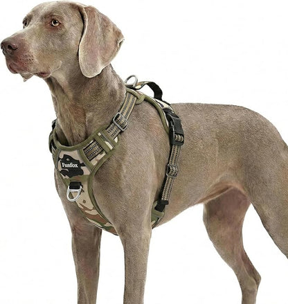 Funfox Dog Harness No Pull, Adjustable Pet Vest Harness, Super Soft Material with Vertical Handle Easy Control, Reflective Night Walking, 2 Leash Clips for XLarge Dogs, Camo Green, XL