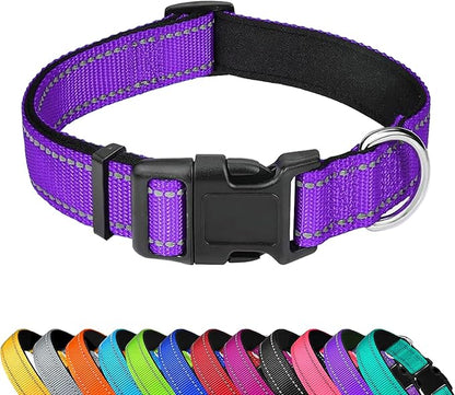 Reflective Dog Collar, Adjustable Soft Neoprene Padded Nylon Pet Collars with Buckle for Small Dogs, Purple,S