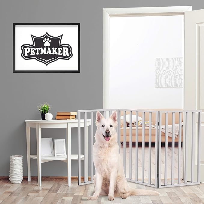 Pet Gate - 3-Panel Indoor Foldable Dog Fence for Stairs, Hallways, or Doorways - 54x32-Inch Wood Freestanding Dog Gates by PETMAKER (White)