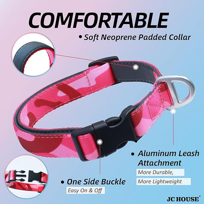 Soft Padded Dog Collar, Neck 9’’-14’’, Adjustable Heavy Duty Collar with 3M Reflective Logo for Small Dogs, Camo Pink, S
