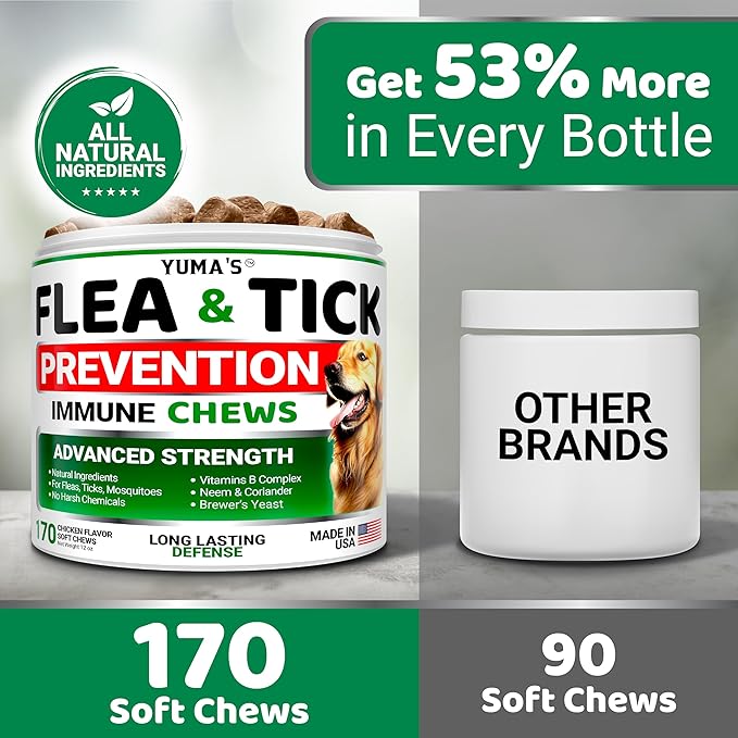 Flea and Tick Prevention for Dogs Chewables - 170 Treats - Natural Dog Flea and Tick Treatment Chewable Supplement - Oral Pills - All Breeds & Ages - Soft Chews - Made in USA - Chicken Flavor