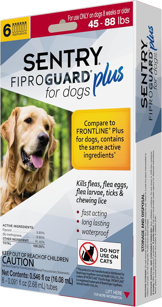 Sentry Fiproguard Plus for Dogs, Flea and Tick Prevention for Dogs (45-88 Pounds), Includes 6 Month Supply of Topical Flea Treatments