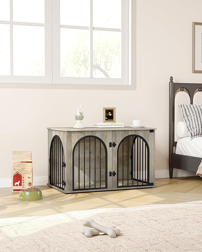 Hzuaneri 39.4" Wooden Dog Crate Furniture, Indoor Dog Kennel Dogs Cage for Small/Medium/Large Dogs, Heavy Duty Dog Crates Decorative Pet House End Side Table TV Stand, Greige Black DFC84105B