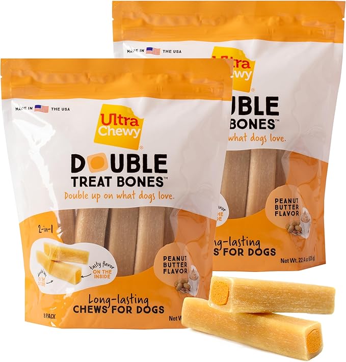 Ultra Chewy Peanut Butter Double Treat Bones: Long-Lasting Dog Treats Made in USA for Large and Small Breeds, Highly Digestible, Ideal for Aggressive Chewers (2 Value Packs)
