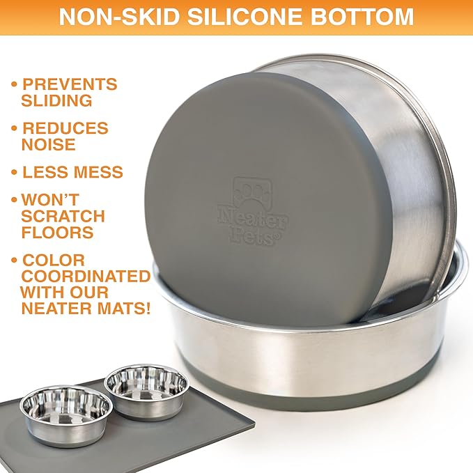 Neater Pet Brands Stainless Steel Dog Bowls with Non-Slip Rubber Bottom – Set of 2, 8 Cup (64 oz), Gray - Heavy Duty Metal Dog Bowl, Dishwasher Safe, Food or Water Bowl, Ideal for Large Dogs