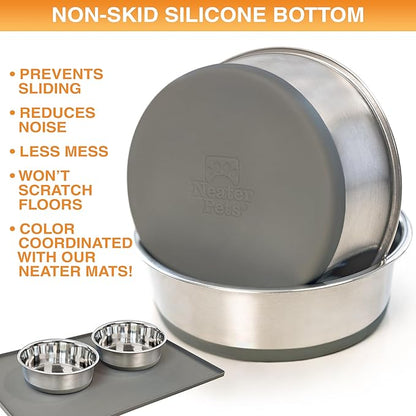 Neater Pet Brands Stainless Steel Dog Bowls with Non-Slip Rubber Bottom – Set of 2, 8 Cup (64 oz), Gray - Heavy Duty Metal Dog Bowl, Dishwasher Safe, Food or Water Bowl, Ideal for Large Dogs