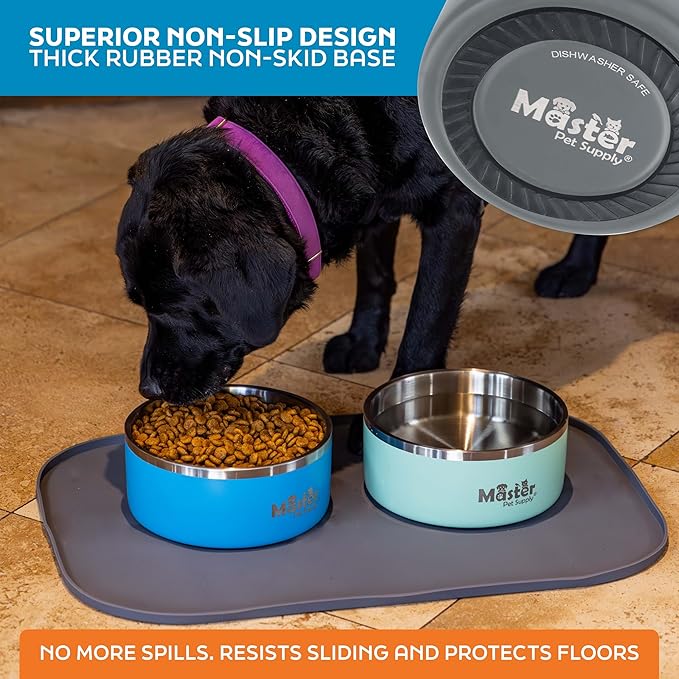 Master Pet Supply Stainless Steel Dog Bowls - 64 oz, Heavy Duty - Graphite, Double Wall Extra-Thick Insulated, Non-Slip Pet Water Bowl for Dogs, Cats & Pets, Anti Rust Metal, Dish Washer Safe