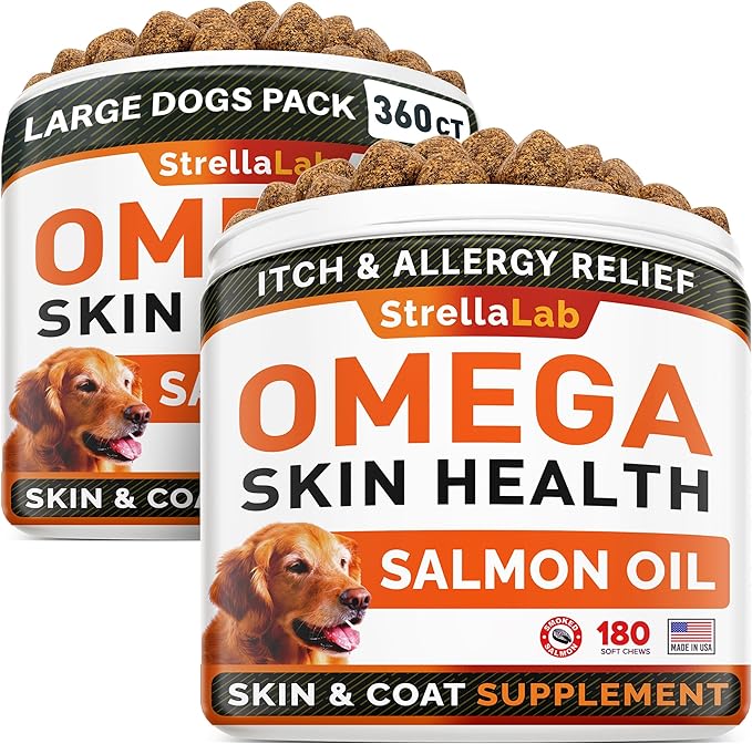 STRELLALAB Omega 3 for Dogs - (360Ct) Fish Oil Treats - Allergy & Itch Relief Skin & Coat Supplement - Dry Itchy Skin, Anti Shedding & Hot Spots Treatment - Pet Salmon Oil Chews - Smoked Salmon