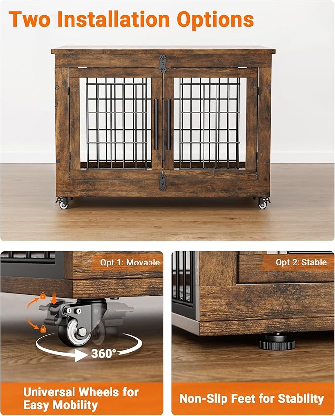 Dog Crate Furniture with Cushion Set of 2, Wooden Dog Kennel Indoor with Wheels & Double Doors, Dog Cage Side End Table for Medium Small Dogs up to 45 lb, 32.5” L, Rustic Brown