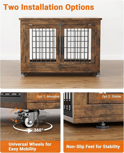 Dog Crate Furniture with Cushion, Wooden Dog Kennel Indoor with Double Doors, Dog Cage with Wheels, Dog House Side End Table for Small Medium Dogs up to 45 lb, 32.5” L, Rustic Brown