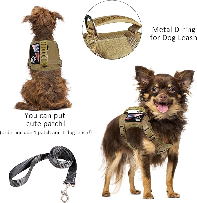 Tactical Dog Harness with Leash Tactical Puppy Vest with Rubber Handle K9 Military Adjustable Pet Harness for Outdoor Training XS Dog Harness (Brown Harness with Leash)