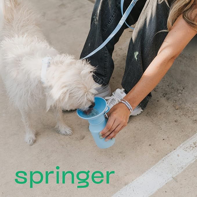 Springer Dog Water Bottle | Portable Travel Water Bottle Dispenser For Dogs - As Seen on Shark Tank | Patented, Leak-Proof Bottles Fill Bowl With Water - Ideal for Walking | BPA-Free 15oz Blue