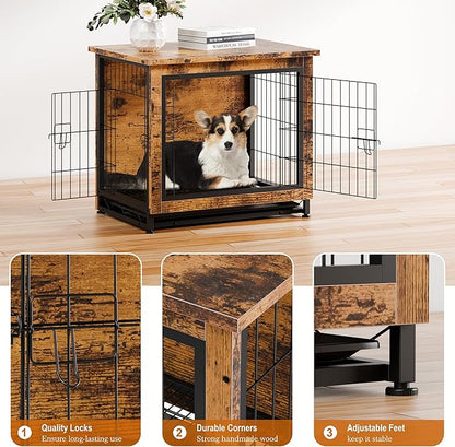 Vongrasig Dog Crate Furniture, Side End Table, Modern Wooden Kennel for Dogs Indoor, Heavy-Duty Dog Cage with Multi-Purpose Removable Tray, Double-Door Dog House, Rustic Brown