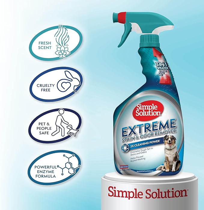 Simple Solution Extreme Pet Stain and Odor Eliminator Spray, Enzymatic Cleaner With 3X Pro-Bacteria Cleaning Power for Dogs & Cats, Strong Urine, Pee and Poop Smell Remover for Carpets & Floors, 32 oz