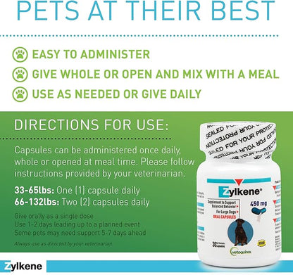 Vetoquinol Zylkene - Calming Support for Large Dogs 33–132 lb - Supports Behavior & Occasional Anxiety - Perfect for Boarding, Vet Visits & Celebrations - Non-Drowsy & Lactose-Free - 120 Capsules