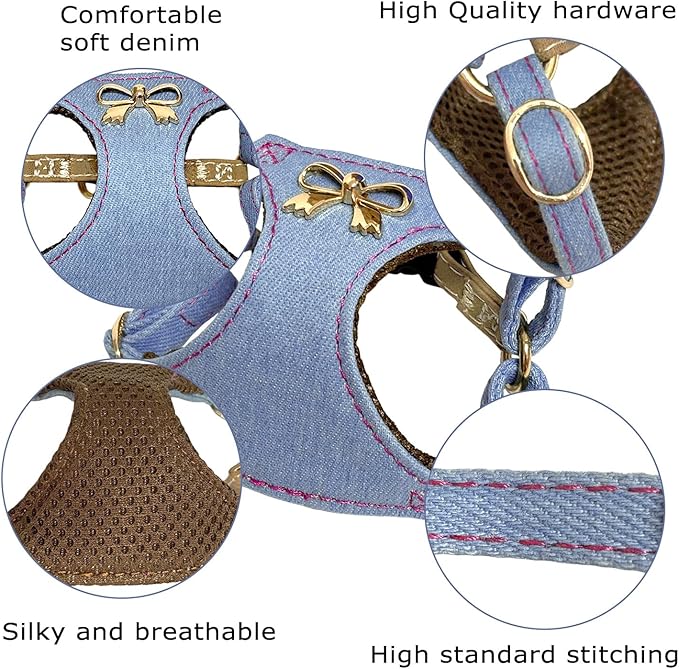 No Pull Dog Harness and Leash Set for Small Sized Dog Training; Puppy Harnesses with Multifunction Dog Leash, Soft Adjustable Denim No Choke Escape Proof Pet Harness for Small and Medium Dog (Blue S)