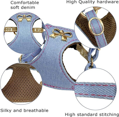 No Pull Dog Harness and Leash Set for Small Sized Dog Training; Puppy Harnesses with Multifunction Dog Leash, Soft Adjustable Denim No Choke Escape Proof Pet Harness for Small and Medium Dog (Blue S)