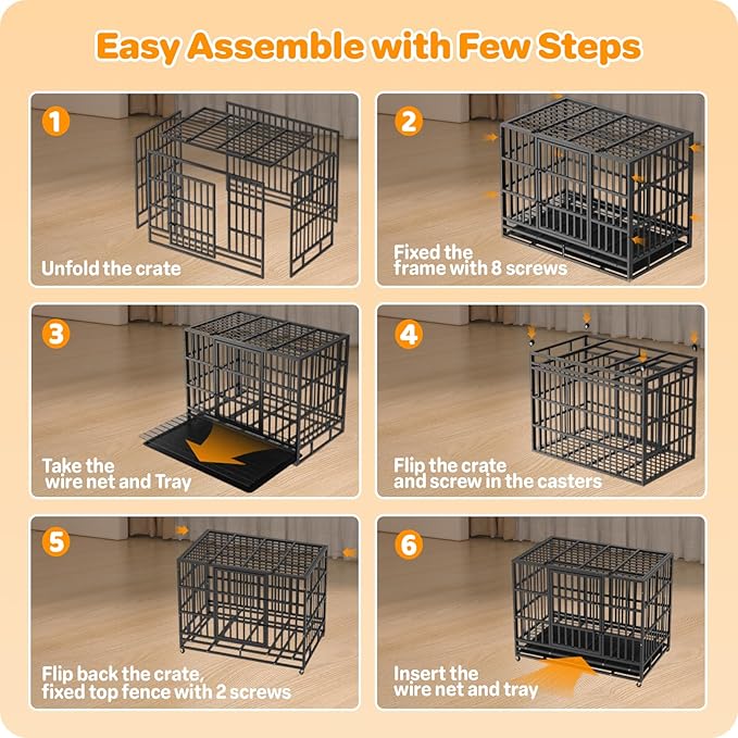 Hiwokk 48 Inch Heavy Duty Dog Crate, Indestructible Escape-Proof Dog Kennel for High Anxiety Large Dogs, Strong Metal Pet Cage with Double Doors, Lockable Wheels & Removable Tray, XL XXL XXXL