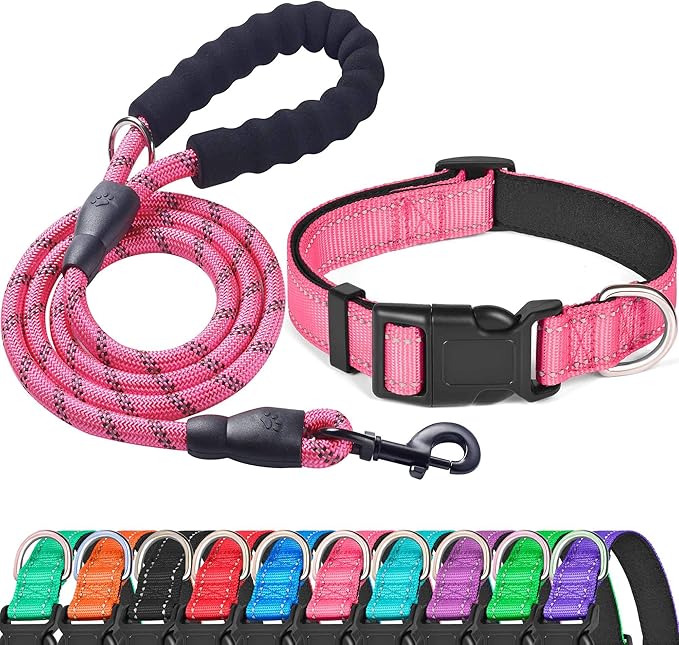 Ladoogo Reflective Dog Collar Padded with Soft Neoprene Breathable Adjustable Nylon Dog Collars for Small Medium Large Dogs (Small (Pack of 1), Pink Collar+Leash)
