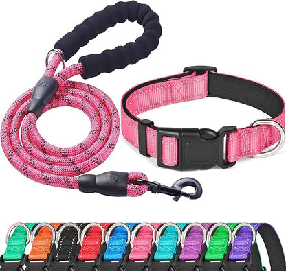 Ladoogo Reflective Dog Collar Padded with Soft Neoprene Breathable Adjustable Nylon Dog Collars for Small Medium Large Dogs (Large (Pack of 1), Pink Collar+Leash)