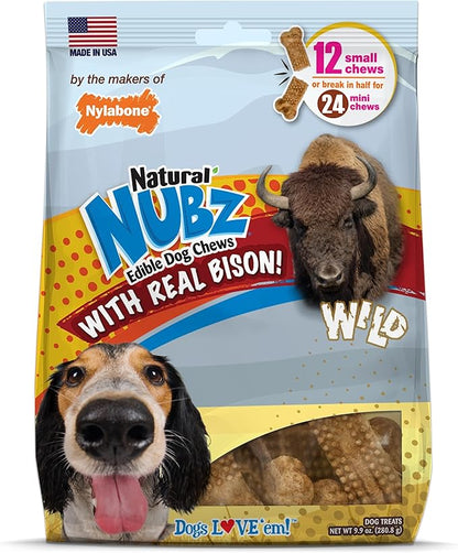 Nylabone Nubz Wild Natural Dog Chew Treats for Small Dogs, Long Lasting Dog Chew Bones Made in USA, Bison Flavor, for Dogs Up to 25 lbs. (12 Count)