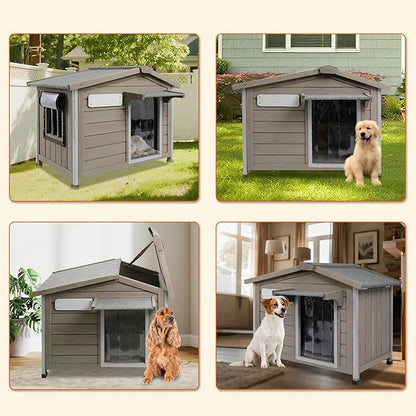 PetsCosset 30.1" L Large Dog House Outdoor & Indoor,Fir Wood Dog Kennel with Weatherproof Openable Asphalt Roof,Spacious Doghouse with Anti-Chewing Metal Edges for Small & Medium & Large Dogs,Grey