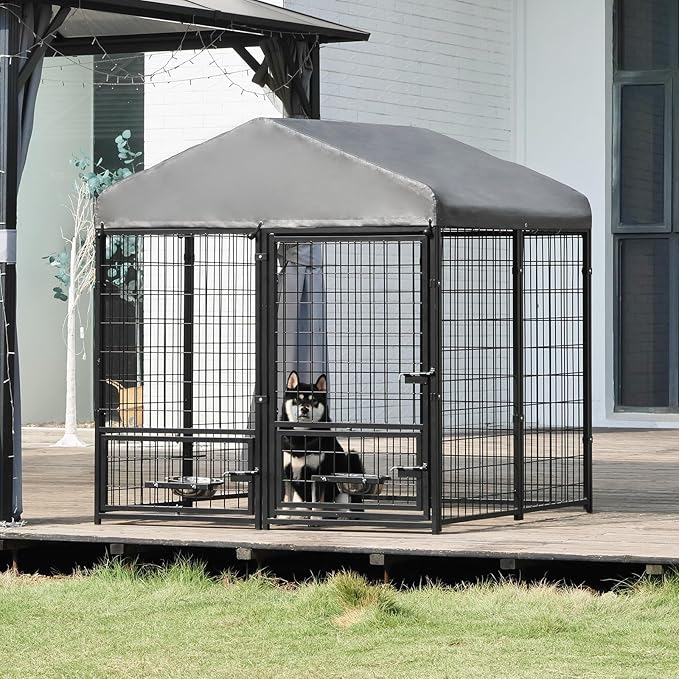 Dog Kennel Outdoor 4.5 x4.5 x4.9 ft with Roof and Rotating Bowl Holders, Large Metal Dog Enclosure, Heavy Duty Dog House Built with Robust 4mm Diameter Wire (4.5'L x 4.5'W x 4.9'H)