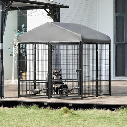 Dog Kennel Outdoor 4.5 x4.5 x4.9 ft with Roof and Rotating Bowl Holders, Large Metal Dog Enclosure, Heavy Duty Dog House Built with Robust 4mm Diameter Wire (4.5'L x 4.5'W x 4.9'H)