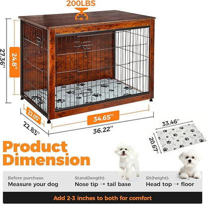 SHAWKEN Wooden & Metal Large Dog Crate Furniture Indoor with Soft Cushion, Double-Door Dog House, 37.4" L Dog Kennel (Rustic Brown, Large)