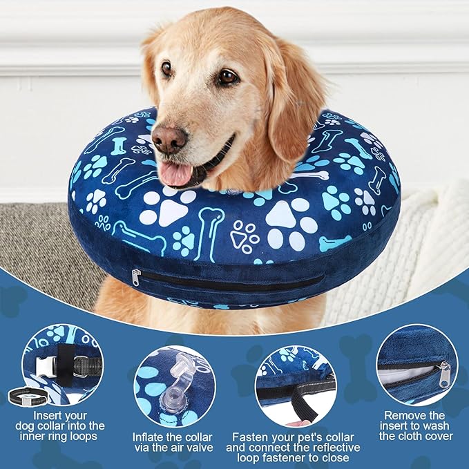 BEAUTYZOO Inflatable Dog Cone Collar, Recovery Dog Cone After Surgery, Adjustable Blow up Dogs Donut Collar, Pet Recovery Collar for Dogs,Navy Blue M